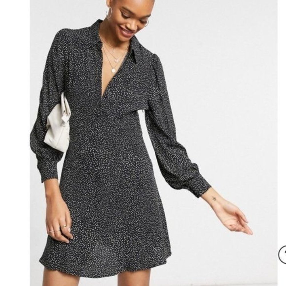 & Other Stories Black Long Sleeve Mini Dress with Subtle Dot Print